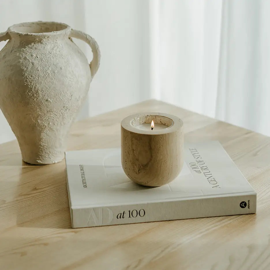 Beige Travertine Refillable Stone Candle - Magnolia Lane co. Home + Garden + Gift