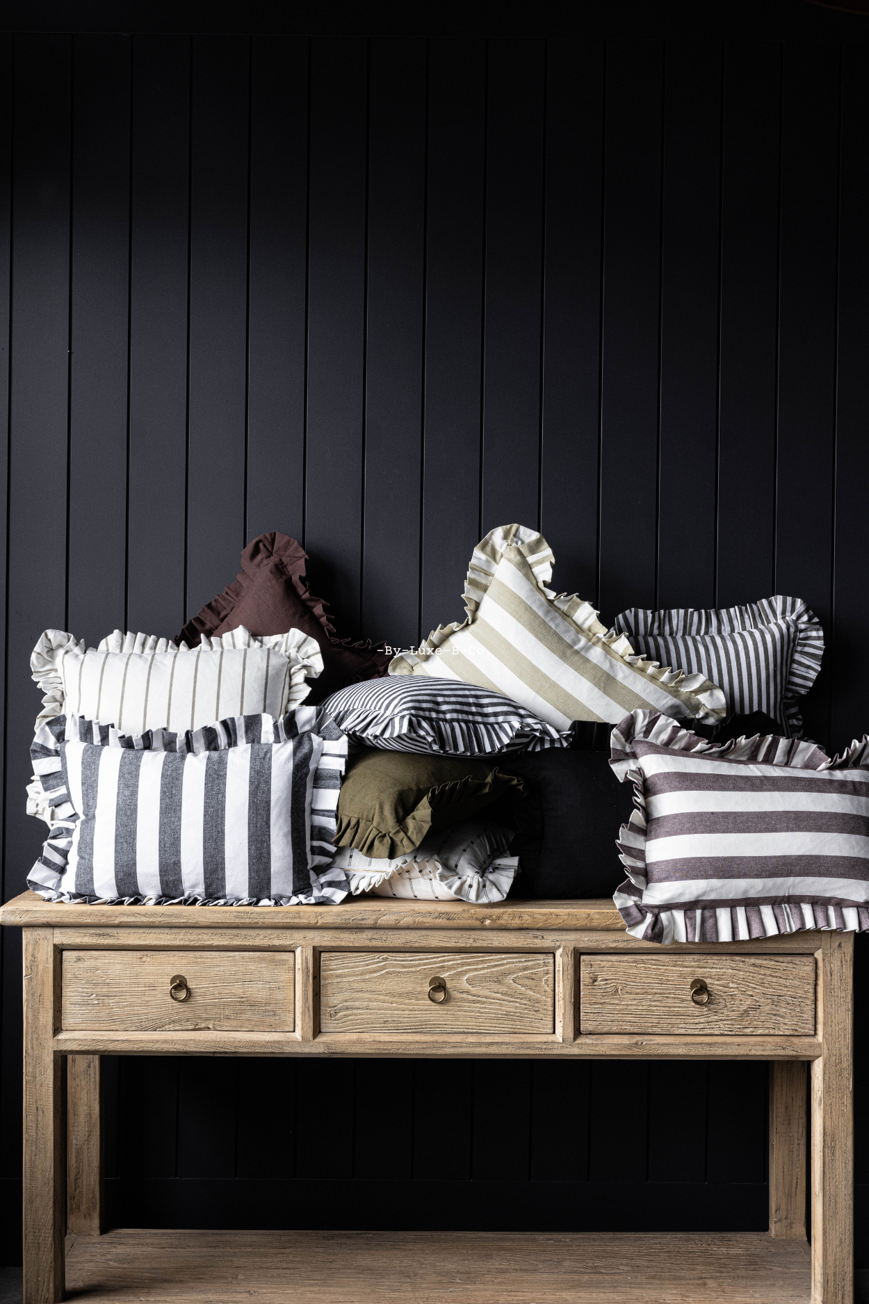 Ruffle Lumbar Pillow Cover Brown Bold Stripe - Magnolia Lane co. Home + Garden + Gift