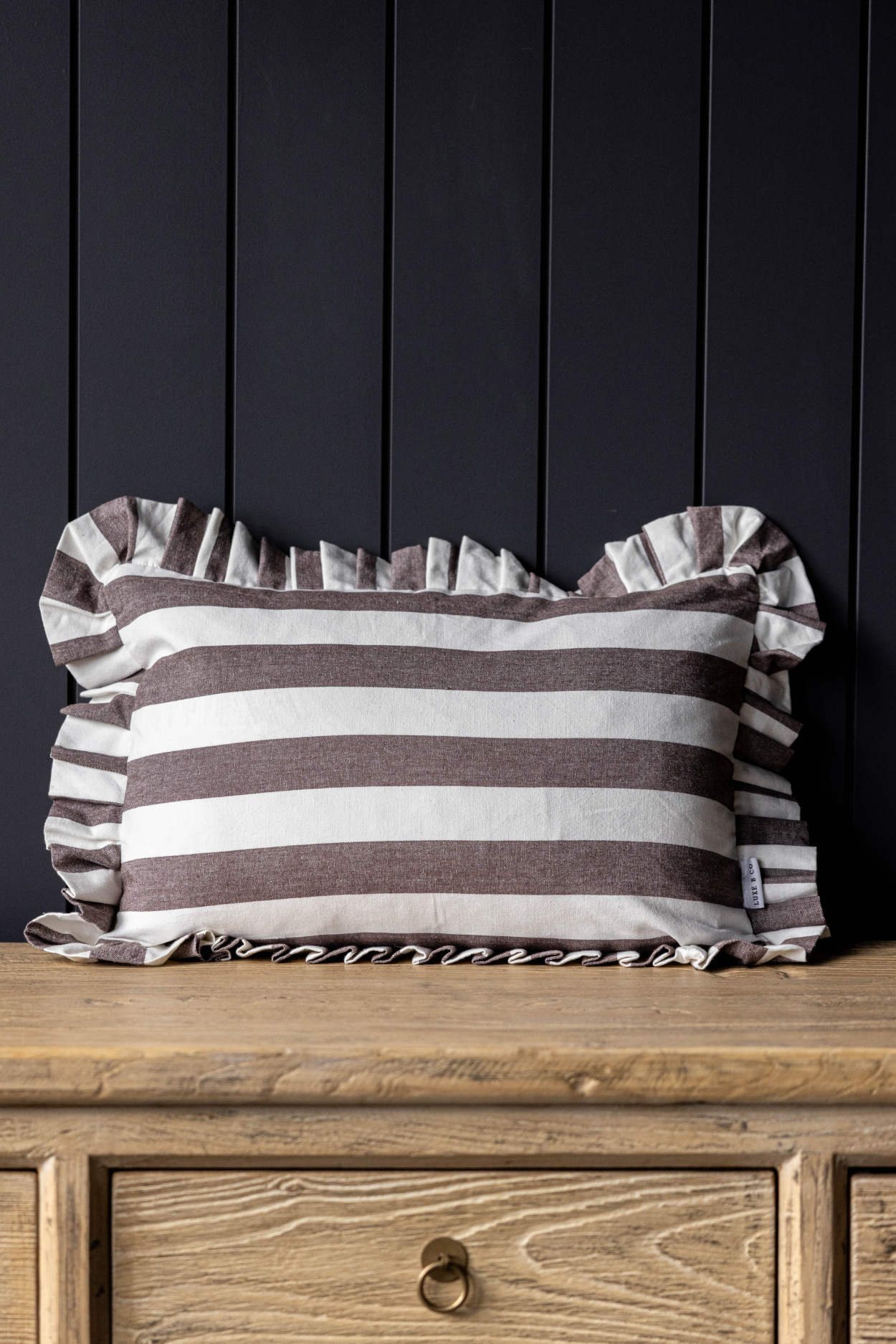 Ruffle Lumbar Pillow Cover Brown Bold Stripe - Magnolia Lane co. Home + Garden + Gift