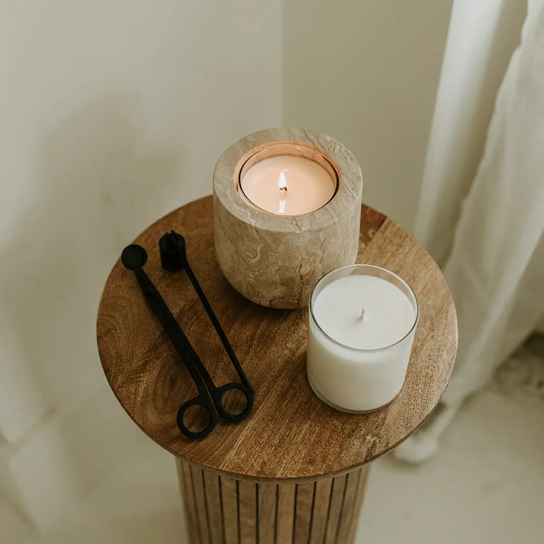 Beige Travertine Refillable Stone Candle - Magnolia Lane co. Home + Garden + Gift