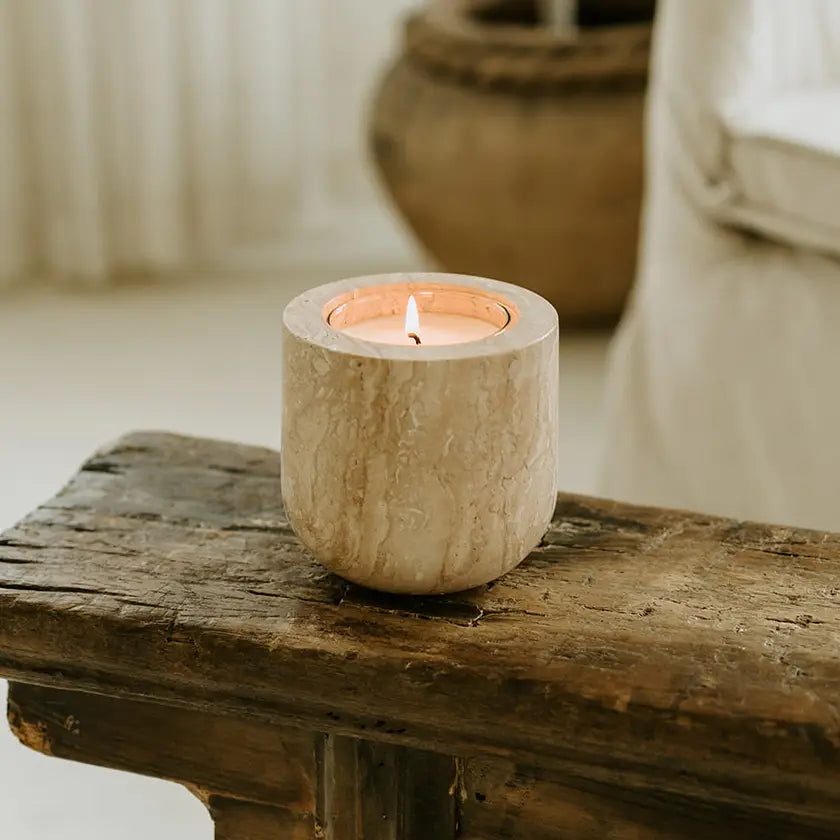 Beige Travertine Refillable Stone Candle - Magnolia Lane co. Home + Garden + Gift